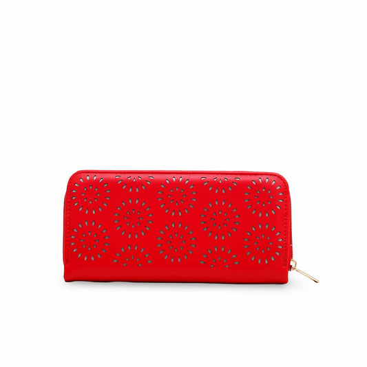 Women Red PU Leather Zip Around Wallet with Laser Cut Floral Pattern